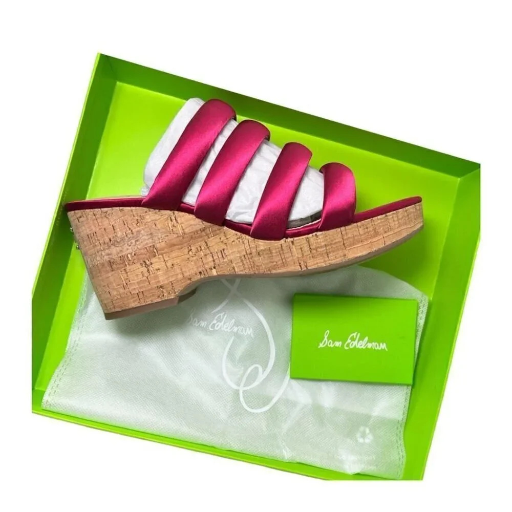 Sam Edelman Womens Red Satin Strappy Open Toe Cork Wedge Sandals Sz 9 M New